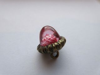 Magnificent RARE Antique Vtg Pink GLASS in Metal BUTTON Realistic ACORN (G) 2
