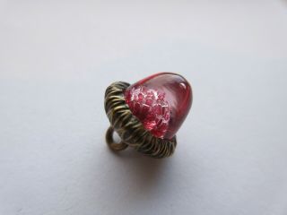 Magnificent RARE Antique Vtg Pink GLASS in Metal BUTTON Realistic ACORN (G) 3