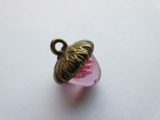 Magnificent RARE Antique Vtg Pink GLASS in Metal BUTTON Realistic ACORN (G) 5