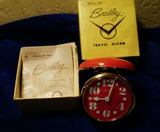 Bradley Travel Alarm Clock Luminous No.  4843 Red Gold Tones Wind Up Pocket Size