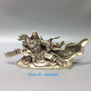 Collectable Tibet Silver Carved Dragon Warrior God Guan Yu Statue