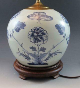 Antique Chinese Canton Blue & White Ginger Jar Table Lamp Floral & Butterfly