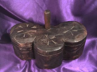 Antique/vtg Hand Carved Decorated Wood Folk Art (africa?) 3 Way Spice Box W/lid