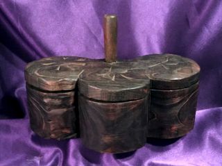 ANTIQUE/VTG HAND CARVED DECORATED WOOD FOLK ART (AFRICA?) 3 WAY SPICE BOX w/LID 2