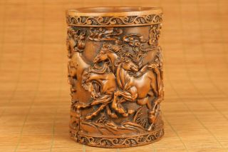 Antique Chinese Old Boxwood Hand Carving Horse Statue Figure Brush Pot Home Deco