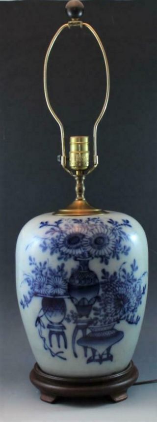 Antique Chinese Canton Blue & White Ginger Jar Table Lamp Flowers W/ Vases
