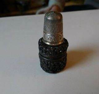 Antique Silver Thimble Holder Pierced Repouse Chateleine with Silver Thimble 2