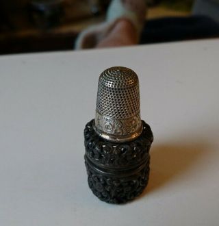 Antique Silver Thimble Holder Pierced Repouse Chateleine with Silver Thimble 4