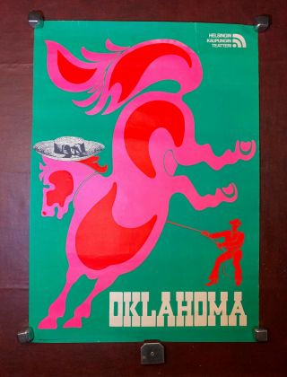 Vtg Mid Century Finland Theater Poster Oklahoma Horse Western Silkscreen Urpo