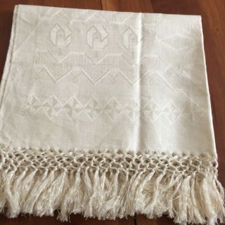 Antique Vtg Towel Ivory Linen Damask Geometric Victorian Deco Fringe 54 