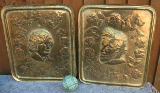Pair Antique Arts & Crafts Brass Hand Embossed Decorative Wall Plaques
