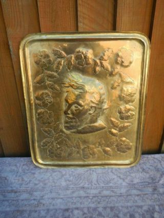 PAIR ANTIQUE ARTS & CRAFTS BRASS HAND EMBOSSED DECORATIVE WALL PLAQUES 2
