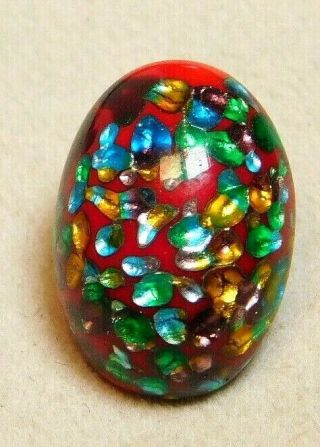 Antique Vintage Button Leo Popper Style Red Glass With Green Blue & Gold Foil