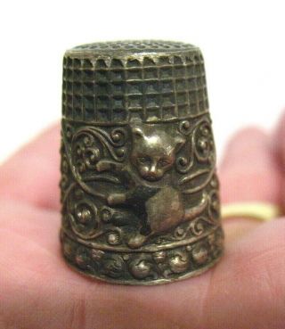 Antique Sterling Silver Thimble Ornate Cat Design Gold Interior 3.  2 Grams 1