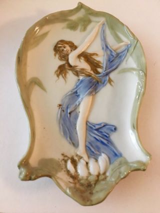 Vintage Art Nouveau Porcelain Trinket Dish Card Reciever Tray Semi Nude Lady