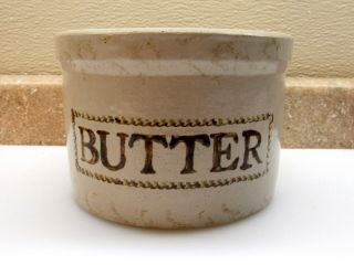 Early Primitive " Mottled " Brown Mustard Color Sponge Stoneware Butter Crock
