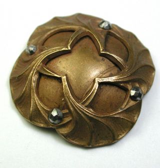 Antique Victorian Brass Dome Button Ginkgo Leaves W/ Cut Steel Accents 1 "