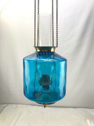 Antique Victorian Hall Hanging Oil Lamp Blue Spot Dot Optic Shade