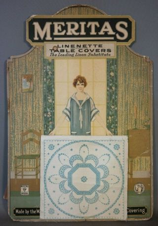 1925 Antique Art Deco Era Lady Old Meritas Table Cover Sign Advertising Display