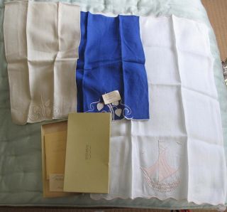 Marghab 3 Fine Linen Serviettes & Booklet Leaf,  Ship Patterns