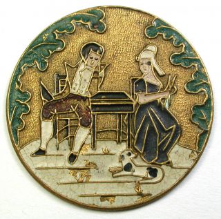 Antique Brass Button French Fop Woman Knits Man & Dog Sit W/ Enamel - 1 & 1/16 "