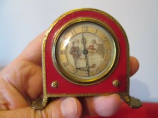 Antique Miniature Clock - W/ Children - Bronze & Enameled - German Clock