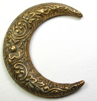 Antique Brass Button Realistic Crescent Moon W Floral Details 1 & 5/8 " 1890s