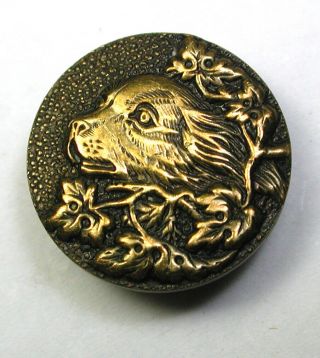 Antique Brass Button French Tight Dog & Leaves W Back Mark Paris 5/8 " 1890s