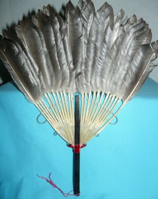 Antique Victorian Black & Grey Mourning Feather Fan W Quills Hand Held