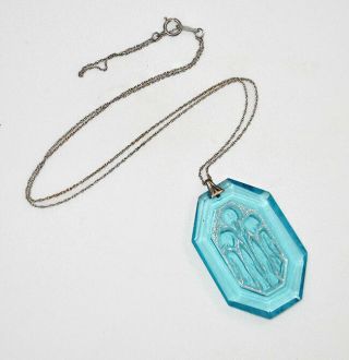 Antique 1920s Art Deco Egyptian Lotus Hand Carved Aquamarine Glass Necklace