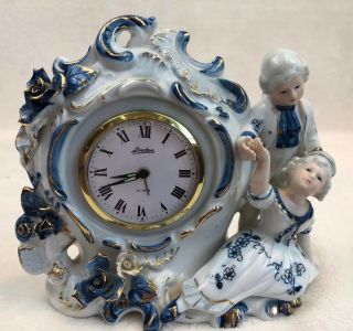 Vintage Linden Porcelain China Alarm Clock Made In Japan White And Blue