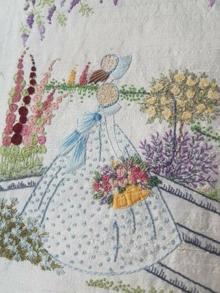 Vtg Hand Embroidered Crinoline Girl W Hollyhocks Foxgloves Roses Silk Panel