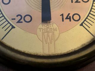 Old Vtg Collectible West O Therm Art Deco Wood Case Thermometer 3.  5 