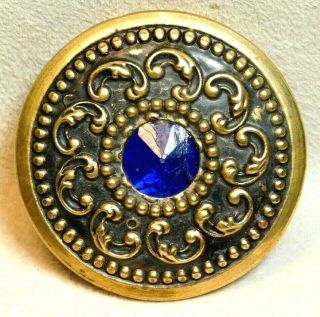 Large Antique Vintage Button Blue Gem In Brass B3 1 & 7/16