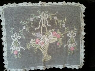 Antique Doily Basket Of Flowers,  Filet Net Lace Embroider,  Wonderful 18 " X 22 "