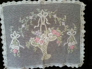 Antique Doily Basket of flowers,  Filet net lace embroider,  wonderful 18 