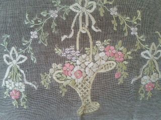 Antique Doily Basket of flowers,  Filet net lace embroider,  wonderful 18 