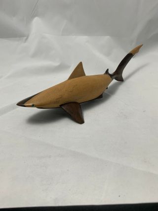 Spectacular Vintage Mid Century Carved Wood Shark Sculpture Green Eyes 15” C