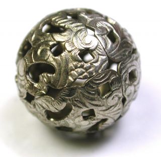 Antique Pierced Metal Ball Cage Button W Floral Design - 3/4 "