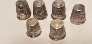 6 Old Thimbles - Sewing - Sterling Silver - Etched - Houses - Wheels - Etched - 5/8in - 3/4in (a)