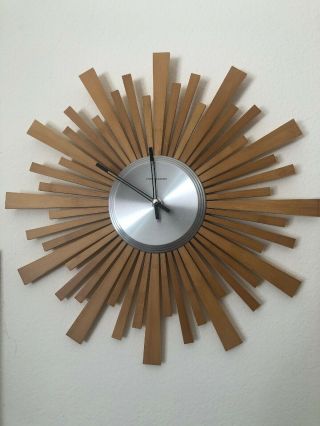 Sterling Noble Sunburst Atomic Mid Century Modern Wall Clock Teak Wood M519w