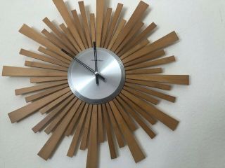 Sterling Noble Sunburst Atomic Mid Century Modern Wall Clock Teak Wood M519w 2