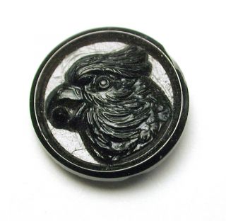 Antique Black Glass Button Parrot With Berry In Beak 1/2 "