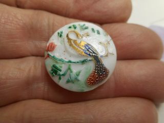 White Glass w/ Painted Peacock On a Branch Vintage Button 7/8 