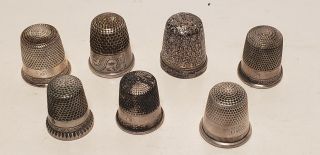 7 Old Thimbles - Sewing - Sterling Silver - Etched - Flowers - 5/8in - 3/4in (b)