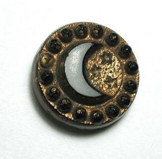 Antique Black Glass Button Crescent Moon & Stars Celestial W Gold Luster 5/8 "