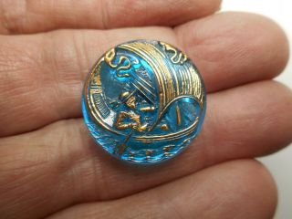 Transparent Blue Glass W/ Gold Luster Ship Boat Vintage Button 7/8 " Rs