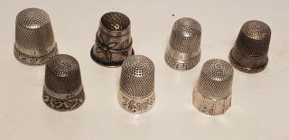 7 Old Thimbles - Sewing - Sterling Silver - Etched - Flowers - Paisley - 5/8in - 3/4in (c)