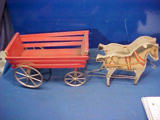 Early 20thc Gibbs Toy Co 2 Horse Drawn Wood,  Paper Litho Toy Cart