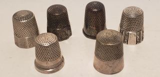 6 Old Antique Thimbles - Sewing - Sterling Silver - Etched - Scenes - 3/4in (d)